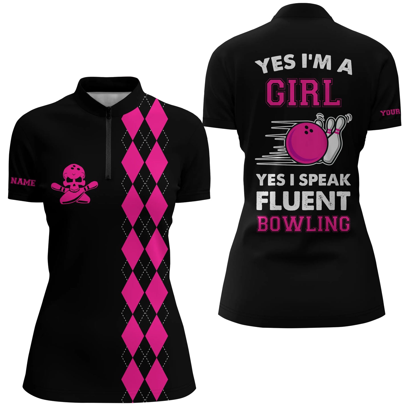 Custom Pink bowling shirt for women – personalized team jersey front view