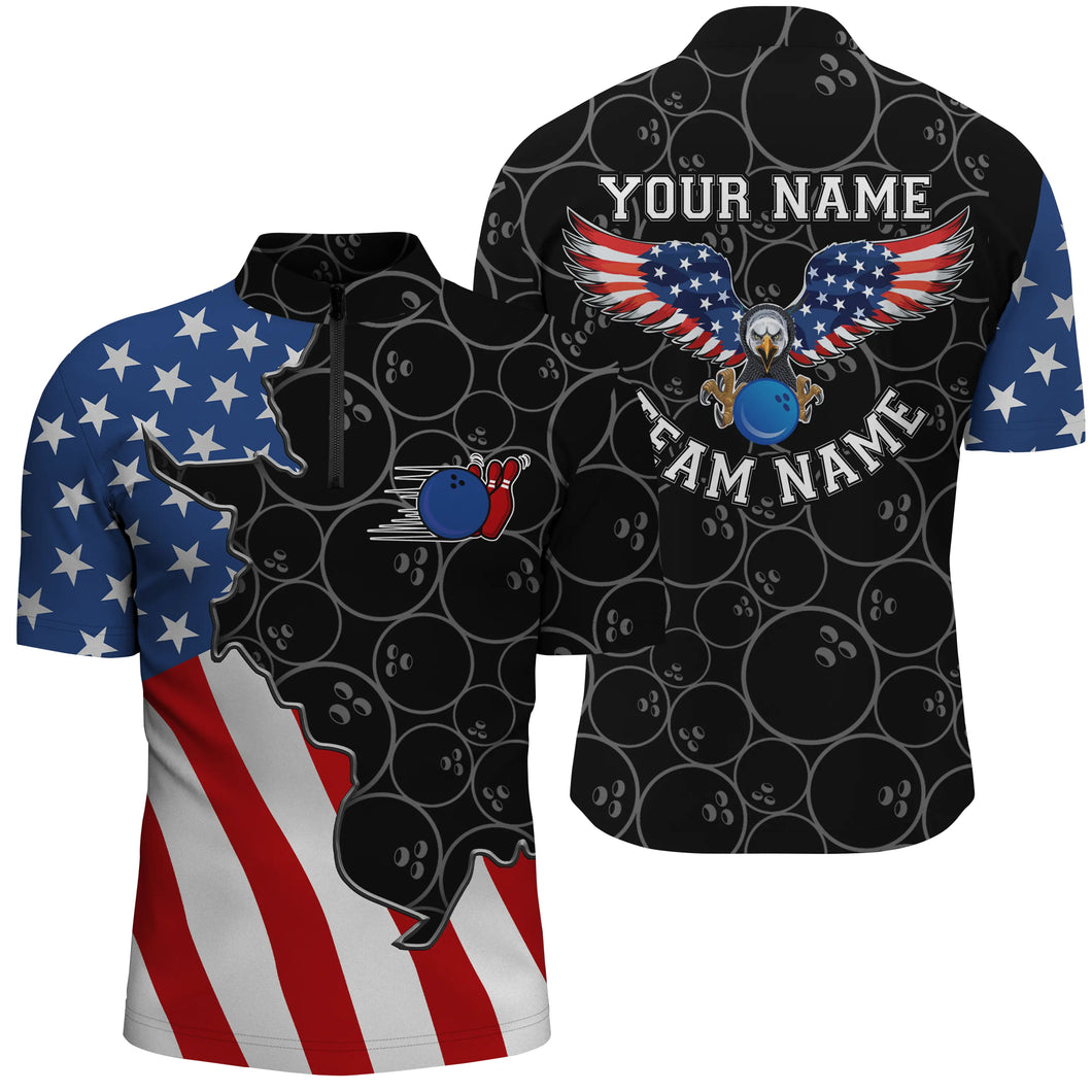 American flag patriotic retro Bowling Quarter Zip shirts for men custom black Bowling team jerseys NQS5013