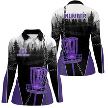 Load image into Gallery viewer, Womens Disc golf polo shirts custom black chain disc golf jerseys, disc golf outfit | Purple NQS7331