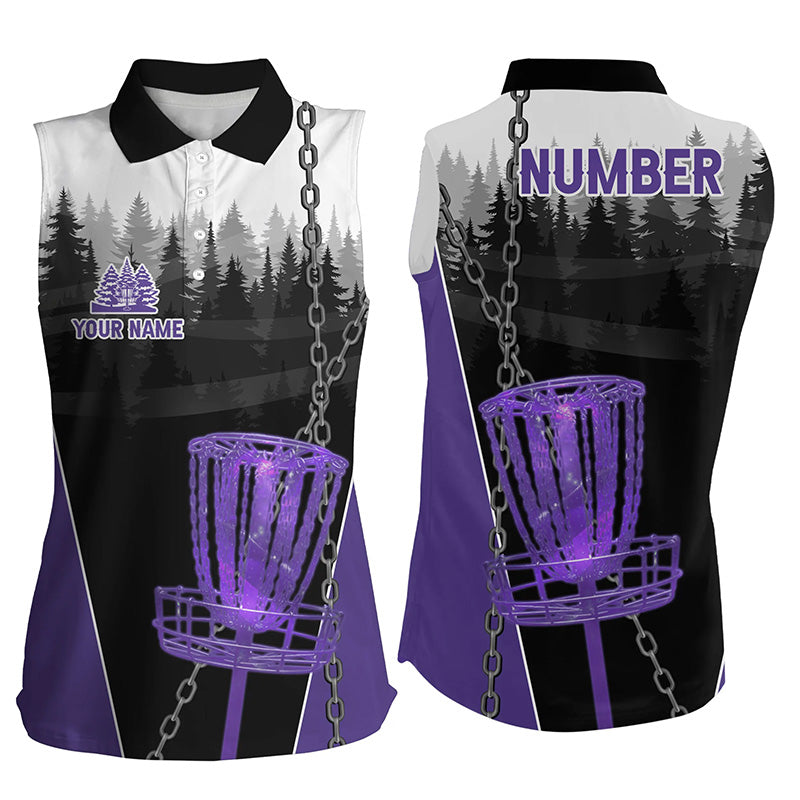 Women sleeveless polo shirts custom black chain disc golf jerseys, frisbee golf outfit | Purple NQS7331