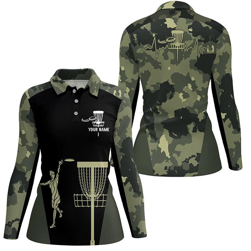 Womens disc golf polo shirt custom black camo disc golfers basket, personalized disc golf gifts NQS5314