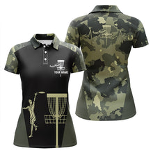 Load image into Gallery viewer, Womens disc golf polo shirt custom black camo disc golfers basket, personalized disc golf gifts NQS5314