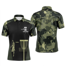 Load image into Gallery viewer, Mens disc golf polo shirt custom black camo disc golfers basket, personalized disc golf gifts NQS5314