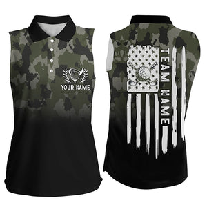 Black Womens sleeveless polos shirt custom green camouflage American flag golf shirt for women NQS6679