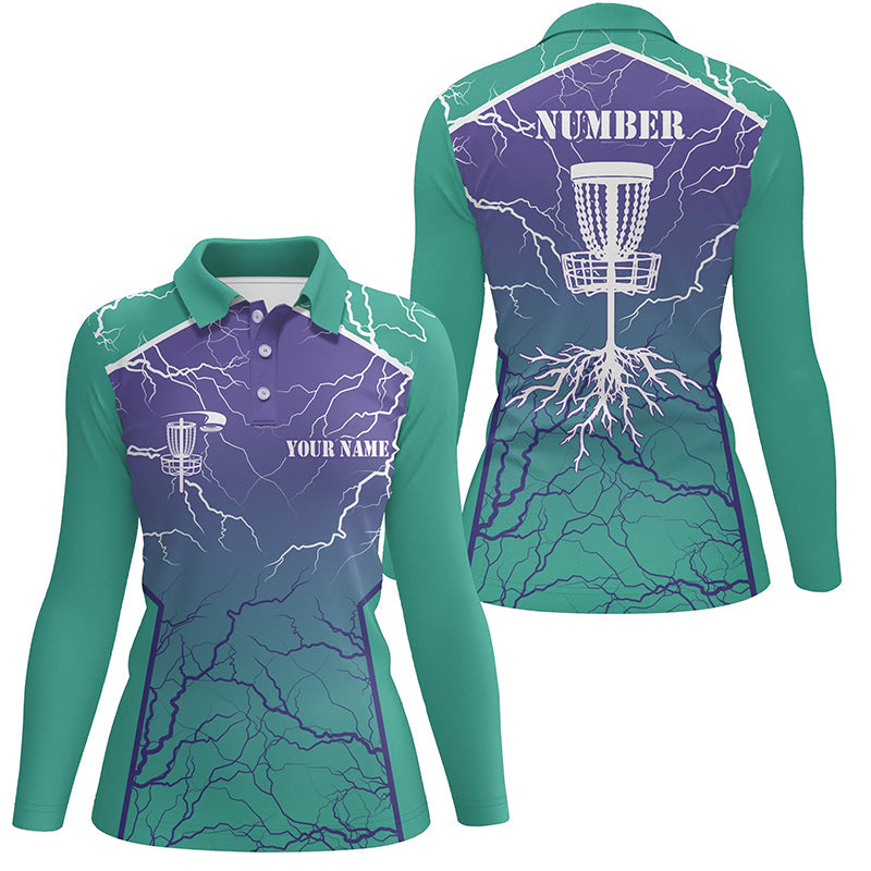 Womens Disc golf polo shirt lightning thunder custom disc golf jerseys, frisbee golf shirt | Turquoise NQS6682