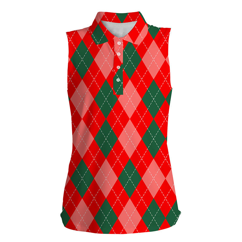 Christmas plaid Argyle red Pattern Womens sleeveless polo shirt Christmas golf gifts for women NQS4413