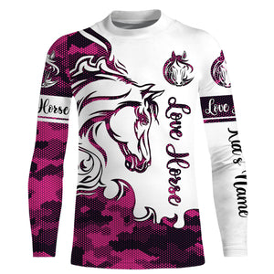 Love Horse pink camo Customize Name 3D All Over Printed Shirts Personalized Horse Lovers gift For Adult, Kid, horse shirt for girl NQS2692