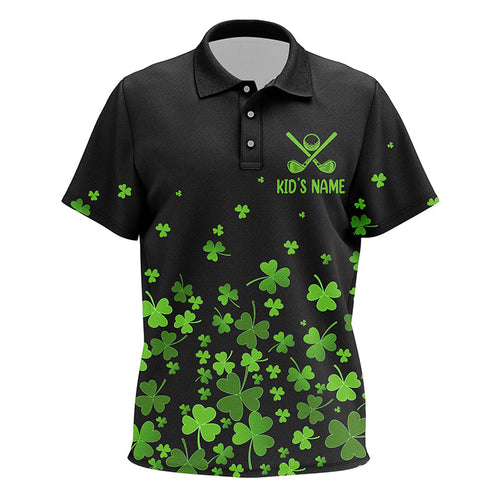 Kid golf polos shirt custom green clover St Patrick's Day black pattern golf polos shirt for Kid NQS7183