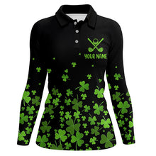 Load image into Gallery viewer, Womens golf polos shirts custom green clover St Patrick&#39;s Day black pattern golf polos shirt NQS7183