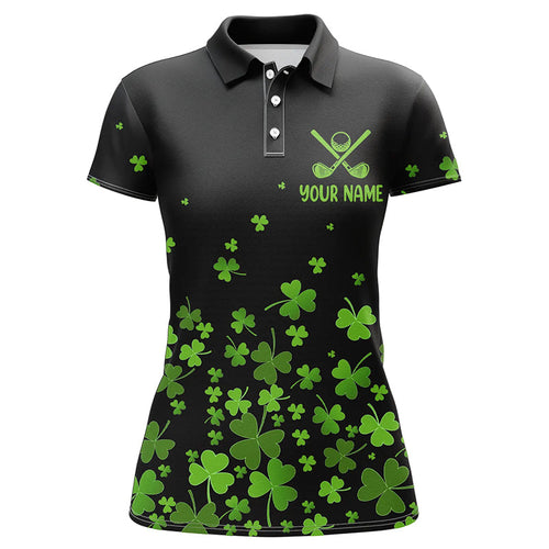 Womens golf polos shirts custom green clover St Patrick's Day black pattern golf polos shirt NQS7183