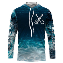 Load image into Gallery viewer, Fish on blue sea water camo Custom Name performance long sleeve fishing shirts uv protection NQS3652