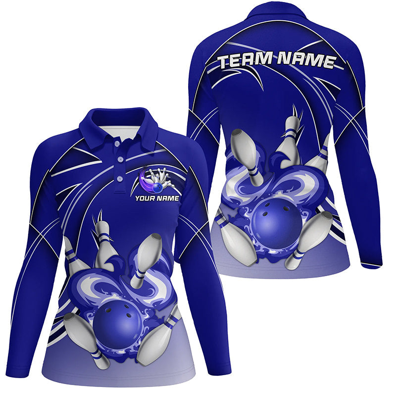 Women Bowling Polo Shirts Custom Bowling ball and pins Team league Jerseys, gifts for bowlers | Blue NQS7073