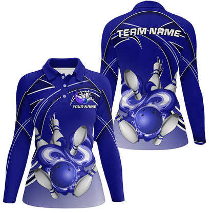 Women Bowling Polo Shirts Custom Bowling ball and pins Team league Jerseys, gifts for bowlers | Blue NQS7073