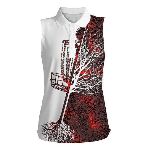 Womens disc golf sleeveless polo shirt red camo disc golf basket, sleeveless disc golf tops shirts NQS5029