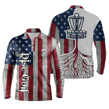 Load image into Gallery viewer, Mens disc golf polo shirt custom American flag patriotic disc golf basket, patriotic disc golf shirts NQS5036