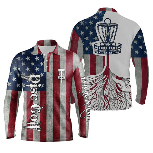 Mens disc golf polo shirt custom American flag patriotic disc golf basket, patriotic disc golf shirts NQS5036