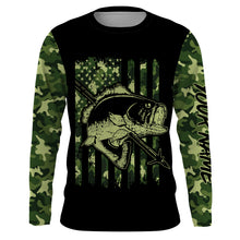 Load image into Gallery viewer, Largemouth Bass Bowfishing green camo American flag patriotic Custom sun protection fishing shirts NQS3355