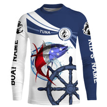 Load image into Gallery viewer, Tuna Fishing American Flag Custom name and boat name performance Long Sleeve Fishing Shirts, Patriotic Fishing gifts - NQS2412