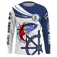 Load image into Gallery viewer, Tuna Fishing American Flag Custom name and boat name performance Long Sleeve Fishing Shirts, Patriotic Fishing gifts - NQS2412