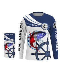 Load image into Gallery viewer, Tuna Fishing American Flag Custom name and boat name performance Long Sleeve Fishing Shirts, Patriotic Fishing gifts - NQS2412