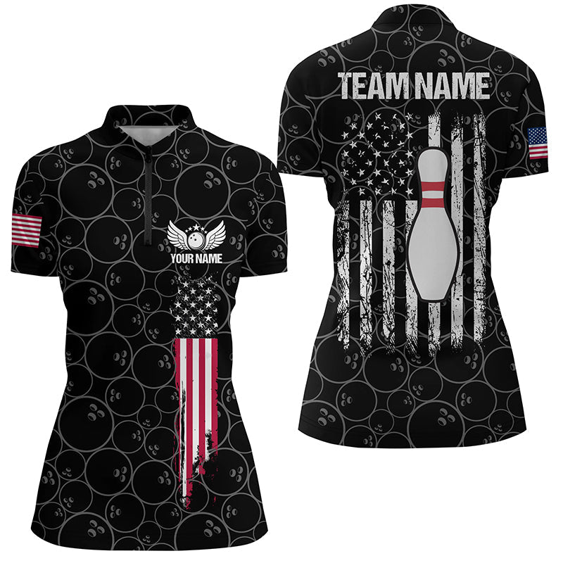 Black retro Womens Bowling Quarter-Zip Shirts Custom vintage American flag team Ladies Bowlers Jerseys NQS6705