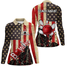 Load image into Gallery viewer, Retro American flag Women bowling polo shirts Custom bowling Team Jerseys, gifts for bowlers NQS7339