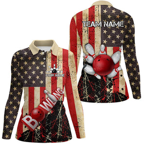 Retro American flag Women bowling polo shirts Custom bowling Team Jerseys, gifts for bowlers NQS7339