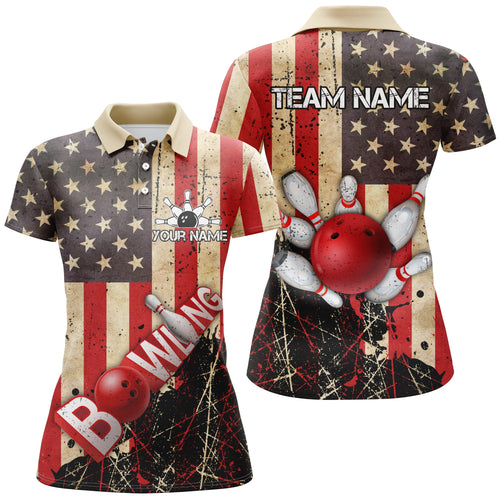 Retro American flag Women bowling polo shirts Custom bowling Team Jerseys, gifts for bowlers NQS7339