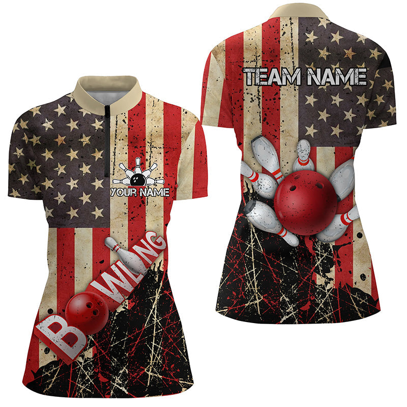 Retro American flag Womens Quarter Zip shirts Custom bowling Team Jerseys, gifts for bowlers NQS7339