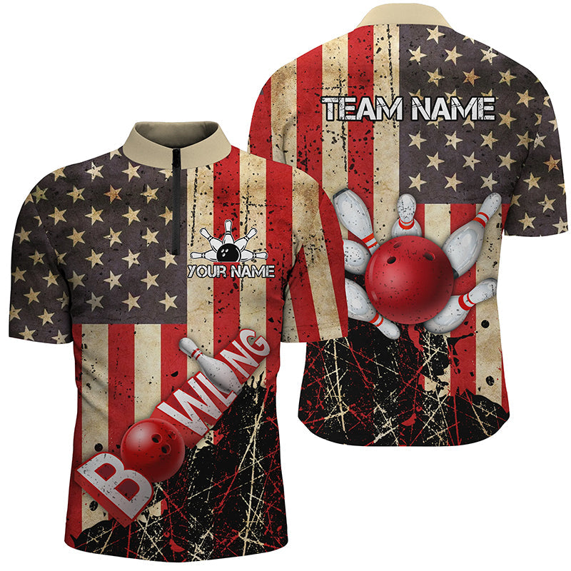 Retro American flag Men bowling Quarter Zip shirts Custom bowling Team Jerseys, gifts for bowlers NQS7339