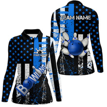 Load image into Gallery viewer, Retro American flag Women bowling polo shirts Custom bowling Team Jerseys, gifts for bowlers | Blue NQS7340