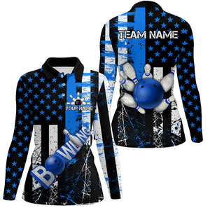 Retro American flag Women bowling polo shirts Custom bowling Team Jerseys, gifts for bowlers | Blue NQS7340