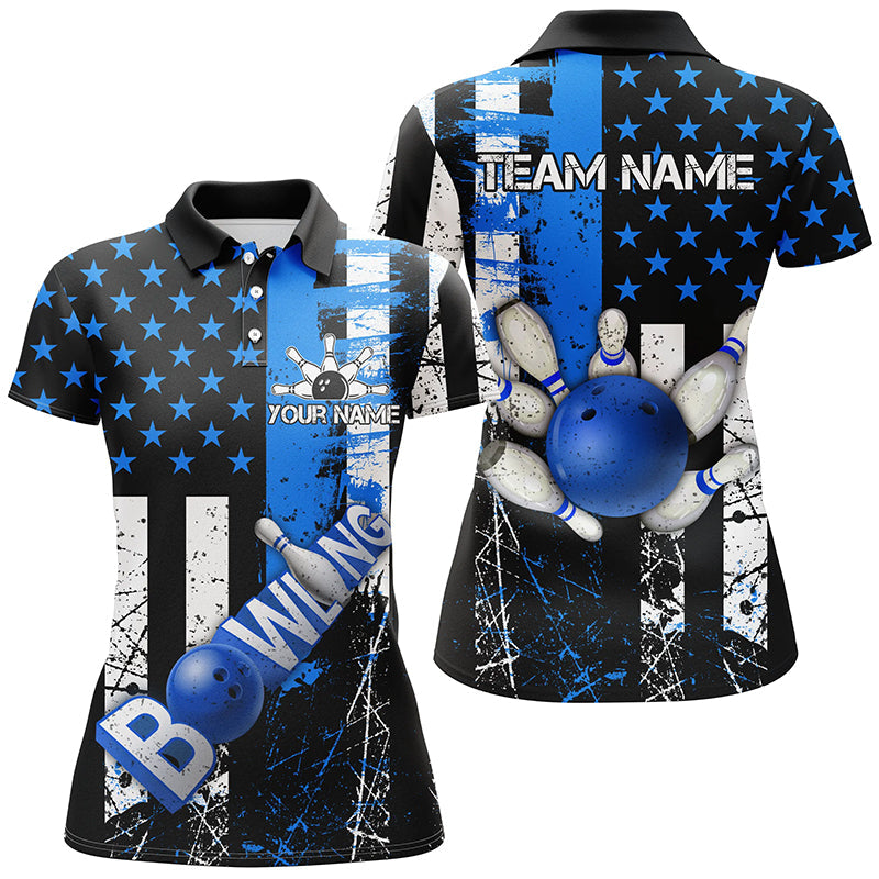 Retro American flag Women bowling polo shirts Custom bowling Team Jerseys, gifts for bowlers | Blue NQS7340