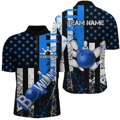 Retro American flag Men bowling Quarter Zip shirts Custom bowling Team Jerseys, gifts for bowlers|Blue NQS7340