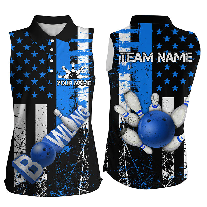 Retro American flag Women sleeveless polo shirts Custom bowling Team Jerseys, gifts for bowlers | Blue NQS7340