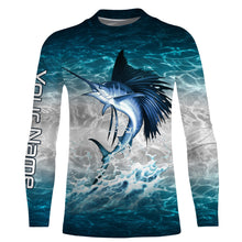 Load image into Gallery viewer, Sailfish fishing blue sea water camo Custom Name performance long sleeve fishing shirts uv protection NQS3663
