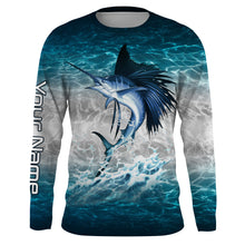 Load image into Gallery viewer, Sailfish fishing blue sea water camo Custom Name performance long sleeve fishing shirts uv protection NQS3663