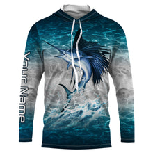 Load image into Gallery viewer, Sailfish fishing blue sea water camo Custom Name performance long sleeve fishing shirts uv protection NQS3663