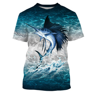 Sailfish fishing blue sea water camo Custom Name performance long sleeve fishing shirts uv protection NQS3663