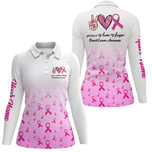 Pink ribbon white Women golf polo shirt custom Breast Cancer Awareness peace love hope golf outfit NQS6463