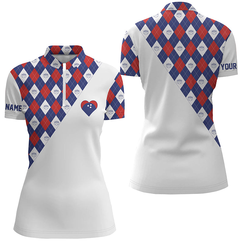 Personalized red white blue argyle pattern bowling Quarter Zip shirts for women, bowling heart jerseys NQS6710