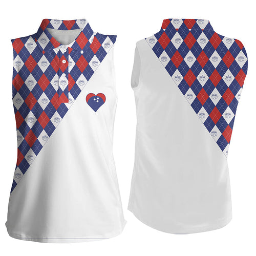 Red white and blue argyle pattern Sleeveless polo shirts for women, bowling heart jerseys NQS6710