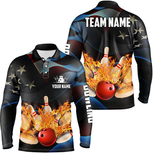 American flag black flame Bowling Polo Shirts For Men Custom Patriotic Bowling Team League Jerseys NQS6715