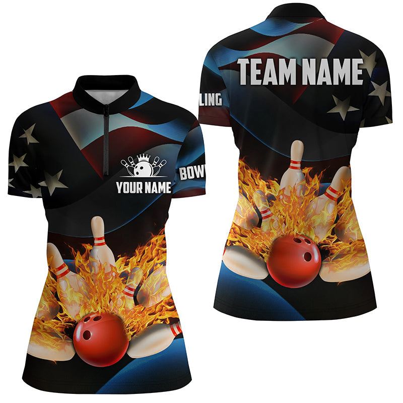 American flag black flame Bowling Quarter Zip Shirts For women Custom Patriotic Bowling League Jerseys NQS6715