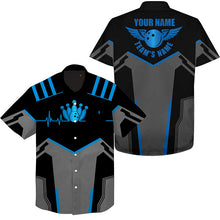 Load image into Gallery viewer, Bowling Hawaiian Shirt custom name and team name blue Bowling Ball and Pins, team bowling shirts NQS4434