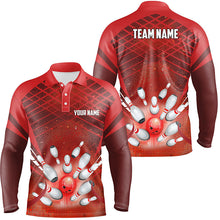 Load image into Gallery viewer, Men Bowling Polo Shirt Custom Red light bowling ball and pins Team Bowling Jersey, gift for Bowlers NQS7081