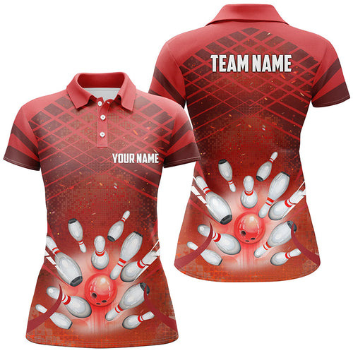 Women Bowling Polo Shirts Custom Red light bowling ball and pins Team bowling Jersey, gift for Bowlers NQS7081