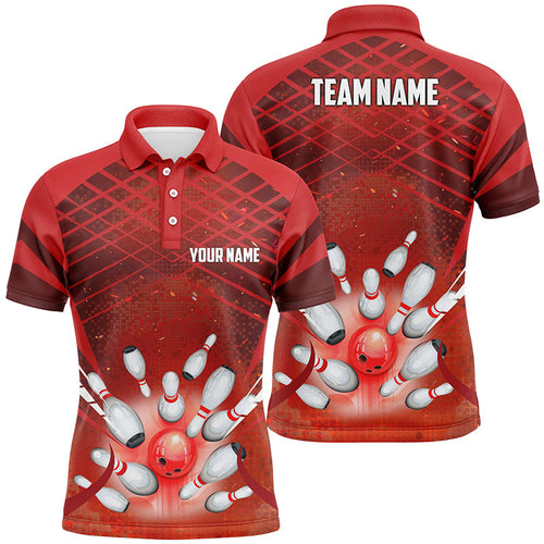 Men Bowling Polo Shirt Custom Red light bowling ball and pins Team Bowling Jersey, gift for Bowlers NQS7081