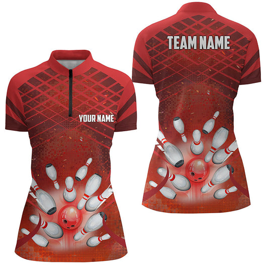 Women Quarter Zip Shirt Custom Red light bowling ball and pins Team Bowling Jersey, gift for Bowlers NQS7081