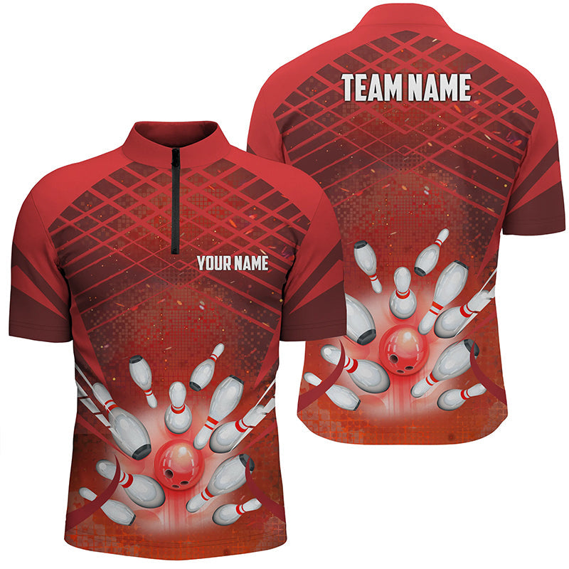 Mens bowling Quarter Zip Shirt Custom Red light bowling ball and pins Team Jersey, gift for Bowlers NQS7081